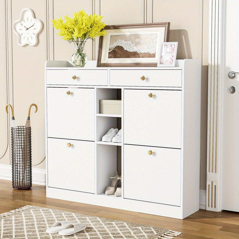 Schoenkast met 4 Openslaande Deuren & 2 Laden – 110 × 26 × 100 cm – Modern Opbergmeubel voor Hal, Woonkamer of Gang