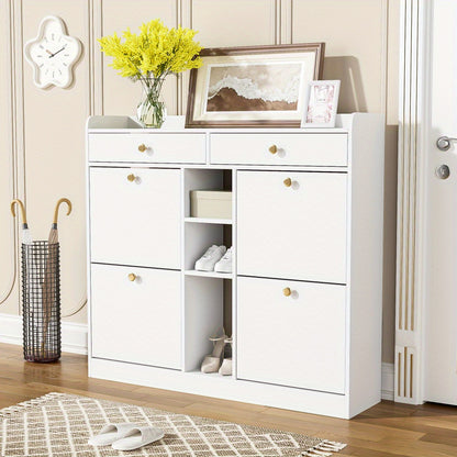Schoenkast met 4 Openslaande Deuren & 2 Laden – 110 × 26 × 100 cm – Modern Opbergmeubel voor Hal, Woonkamer of Gang