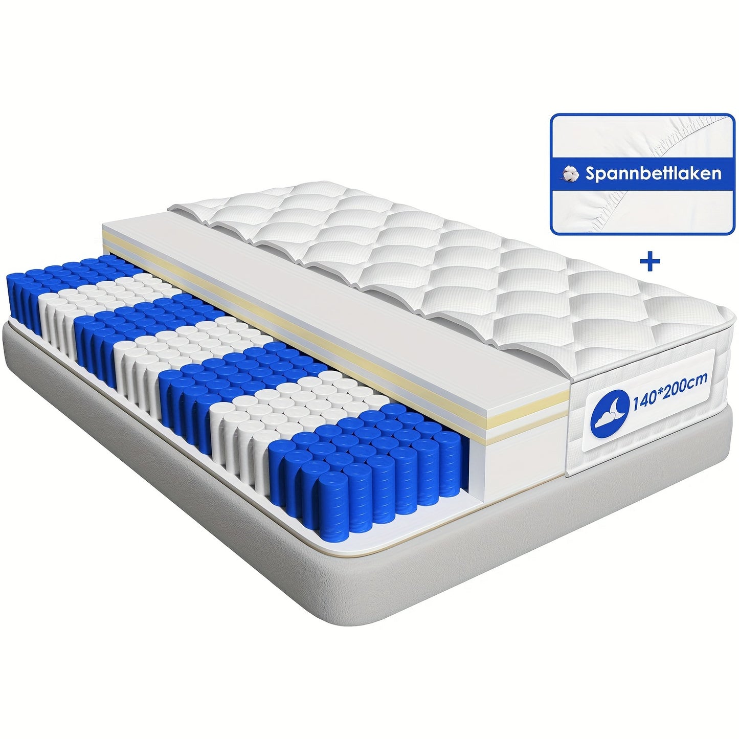 Carroltt Mattress 90x200/140x200cm, Pocket Spring Mattress, 7-zone 22cm High, Spring Mattress with Fitted Sheet H3