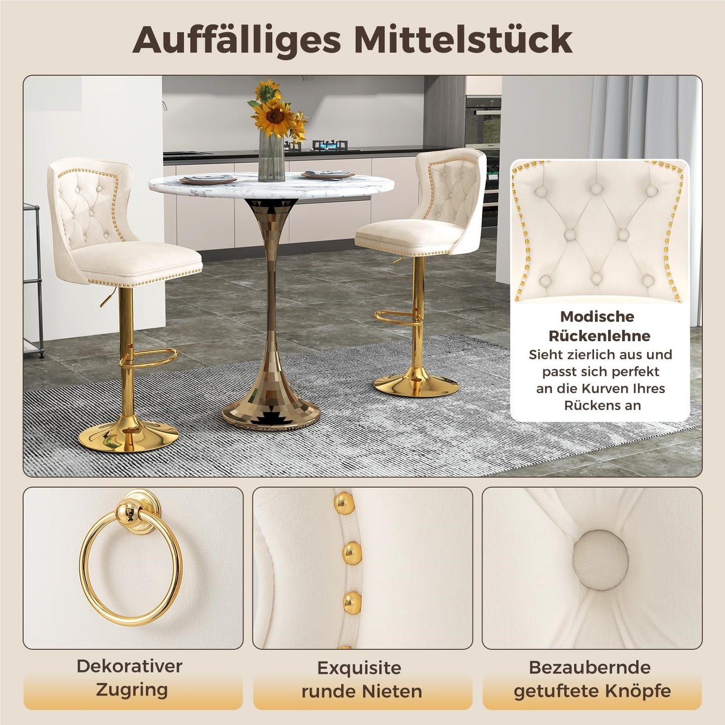Barstoel – Barkruk – Keukenkruk – Stoel Met Rugleuning – Draaiende Kruk – Verstelbare Zithoogte 67-87 cm – Luxe Beige Fluwelen Bekleding