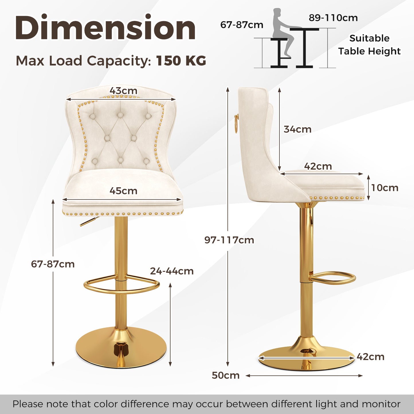 Barkrukken – Barstoelen – Krukken – Hoge Stoelen – Keukenstoelen – Verstelbare Hoogte – 360° Draaibaar – Velvet Bekleding – Button-Tufted Rugleuning