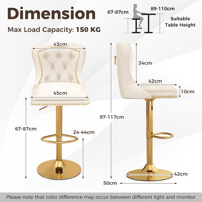 Barkrukken – Barstoelen – Krukken – Hoge Stoelen – Keukenstoelen – Verstelbare Hoogte – 360° Draaibaar – Velvet Bekleding – Button-Tufted Rugleuning