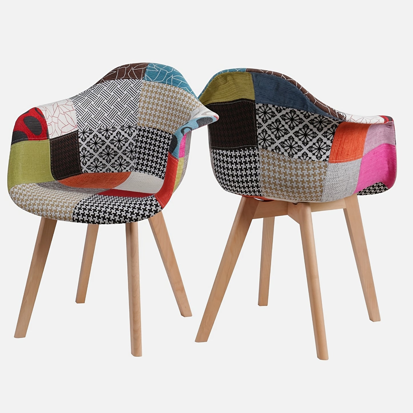 Set van 2 Boheemse Eetkamerstoelen – Rode Linnen Zitting met Contrasterende Ruitrugleuning, Beukenhouten Poten – Modern Farmhouse Stijl