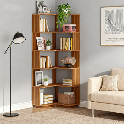 Boekenplank – Boekenrek – Wandplank – Wandrek – Boekenkast – Industrieel Design – 6 Lagen – L-vormig Hoekmeubel – Houten Planken – Anti-Val Panelen – Vrijstaand – Ruimtebesparend