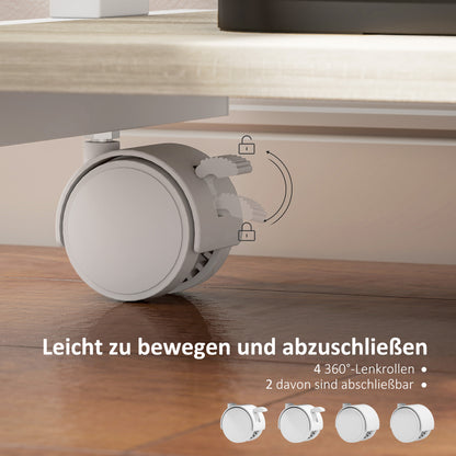 Rollend Bureau – Mobiel Bureau – Compact Bureau – Werkplek met Lade – Opbergrekken – Variant Eiken – Stevig Spaanplaat en Metaal – 4 Draaibare Wieltjes met Rem