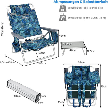 Campingstoel – Kampeerstoel – Vouwstoel – Strandstoel – Visstoel – 3-delige Set Met Verstelbare Rugleuning & Inclusief Tafel – Lichtgewicht, Waterbestendig Marine