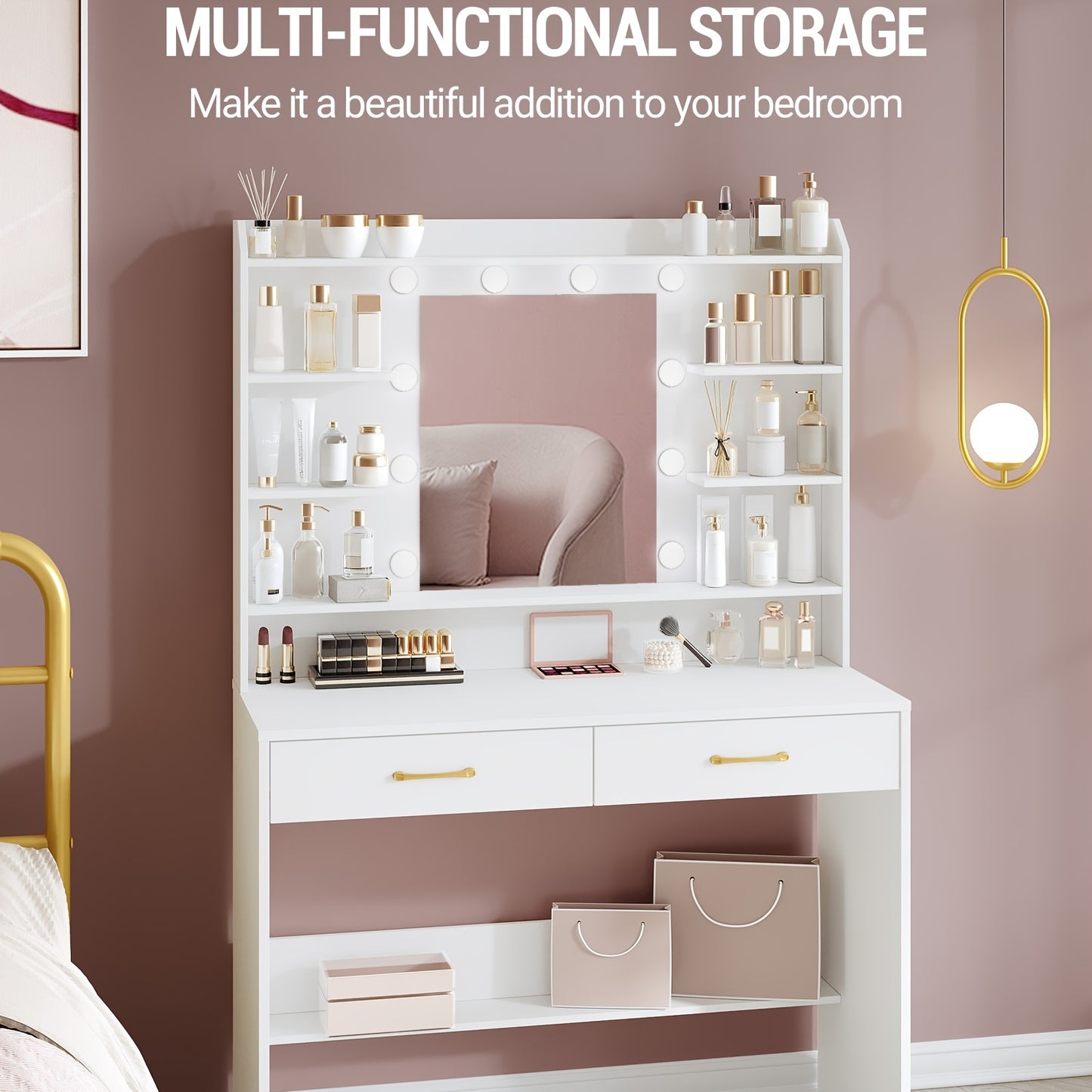 Dressing Table With Mirror, Dressing Table With Shelves And 2 Drawers, For Bedroom, Living Room, 40 X 100 X 149 Cm, White