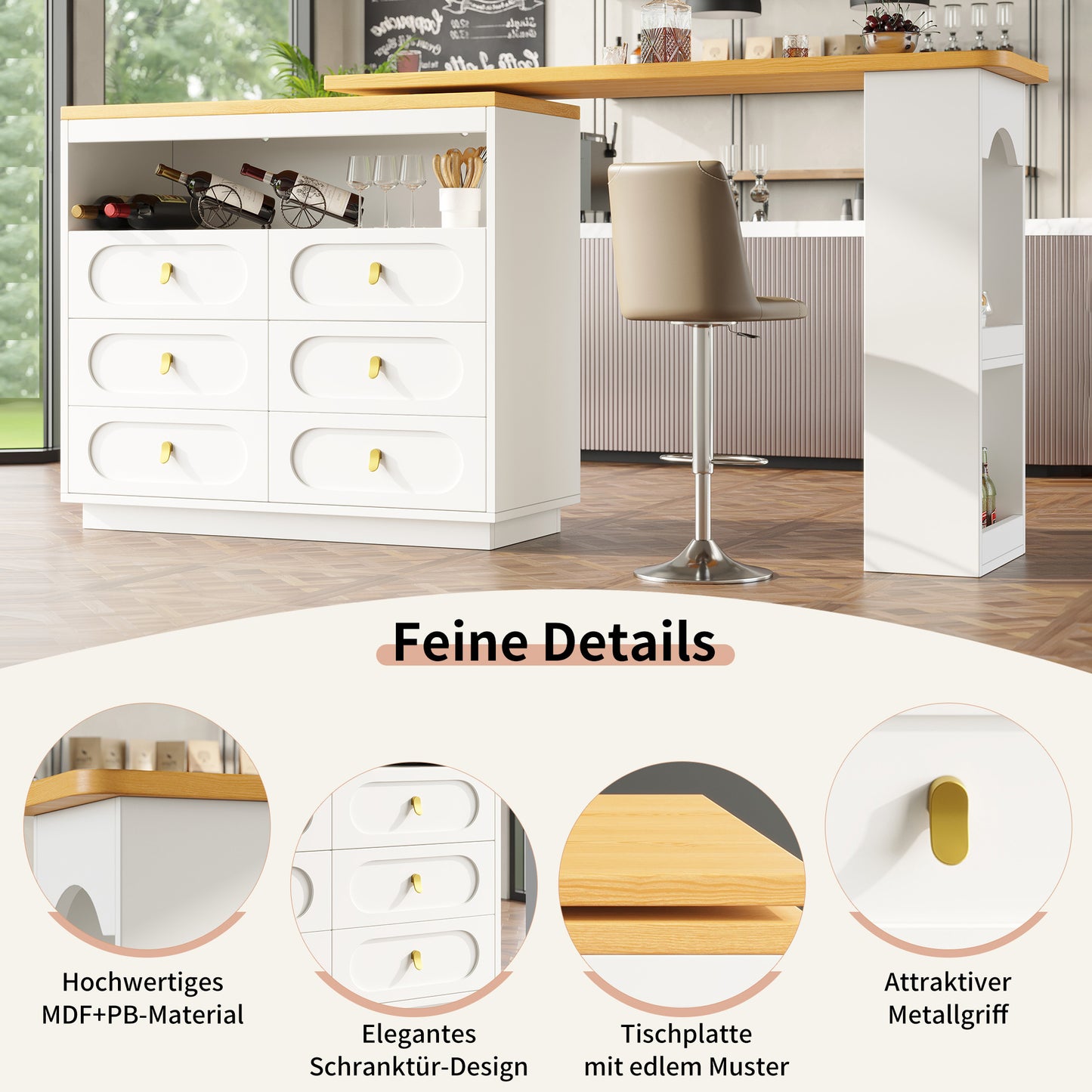 Uitklapbare Bartafel – Barmeubel – Bartafel – Eettafel – Werktafel – 360° Draaibaar Tafelblad – 138-203 cm Verstelbaar – Wit