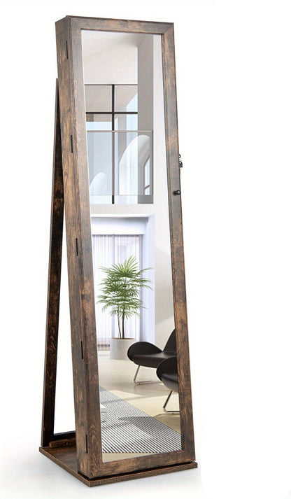 Sieradenkast – Spiegelkast – Juwelenkast – Opbergkast – Sieradenorganizer – Vrijstaand met slot – Antiek bruin MDF design – Volledige spiegel en make-upspiegel – Ruime opbergruimte met haakjes en planken – Stevige constructie
