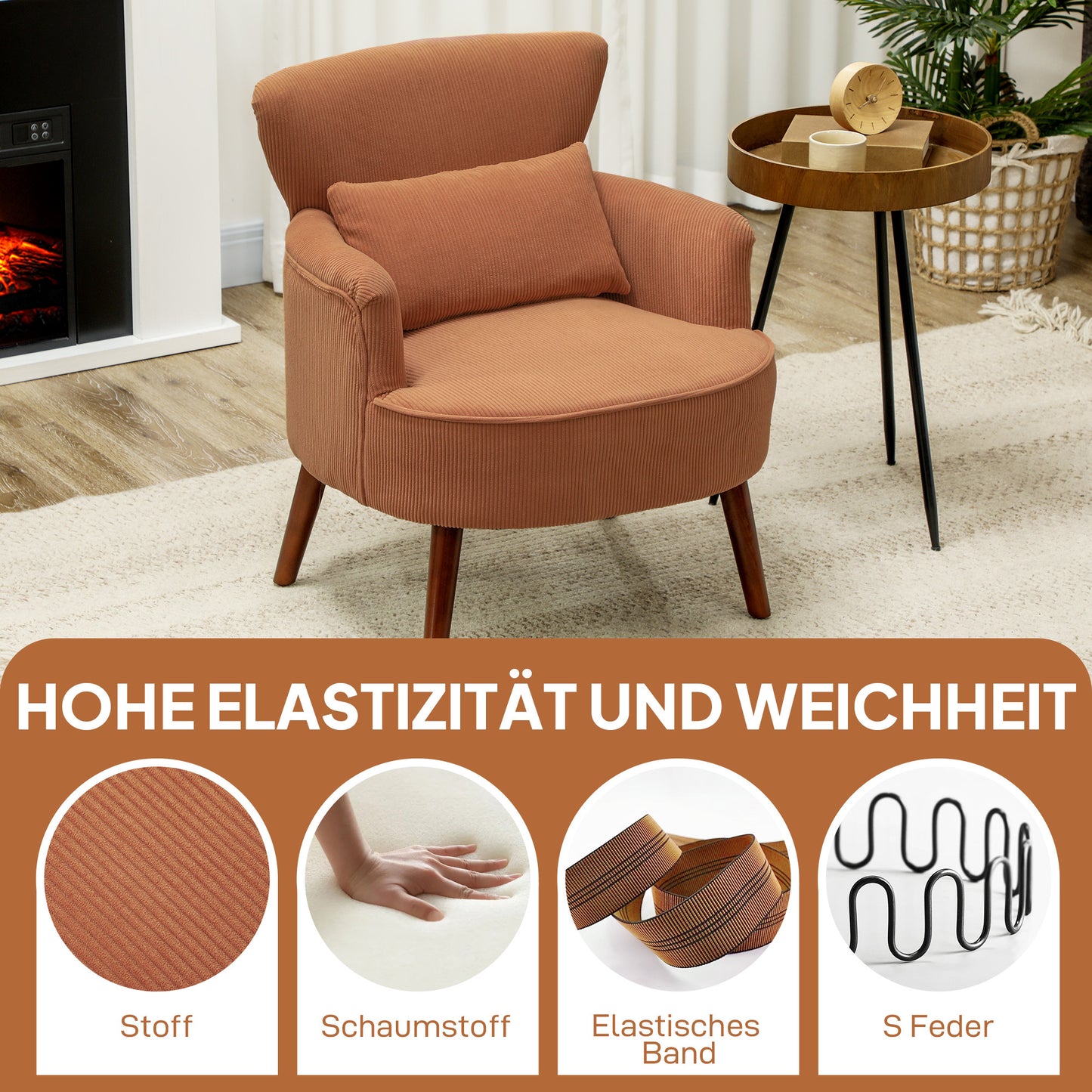 Fauteuil – Accentstoel – Loungestoel – Leunstoel – Zitstoel – Oranje Kleur – Rubberwood Poten – Inclusief Lendenkussen
