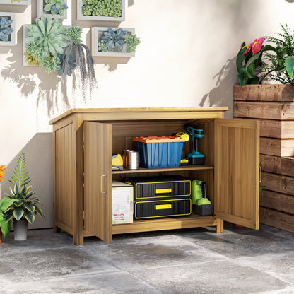 Outsunny Wooden Garden Shed with Slanted Roof, 2 Shelves & 2 Doors, Weather-Resistant Tool Cabinet, 110 x 50 x 85 cm, Brown