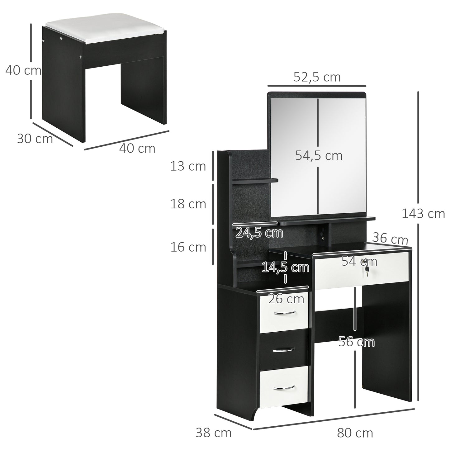 Make-up Tafel – Kaptafel – Schminktisch – Vanity Tafel – Make-up Organiser – Grote Spiegel – 4 Lades & Gestoffeerde Kruk – Zwart-Wit – Hout