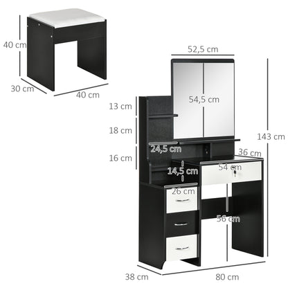 Make-up Tafel – Kaptafel – Schminktisch – Vanity Tafel – Make-up Organiser – Grote Spiegel – 4 Lades & Gestoffeerde Kruk – Zwart-Wit – Hout