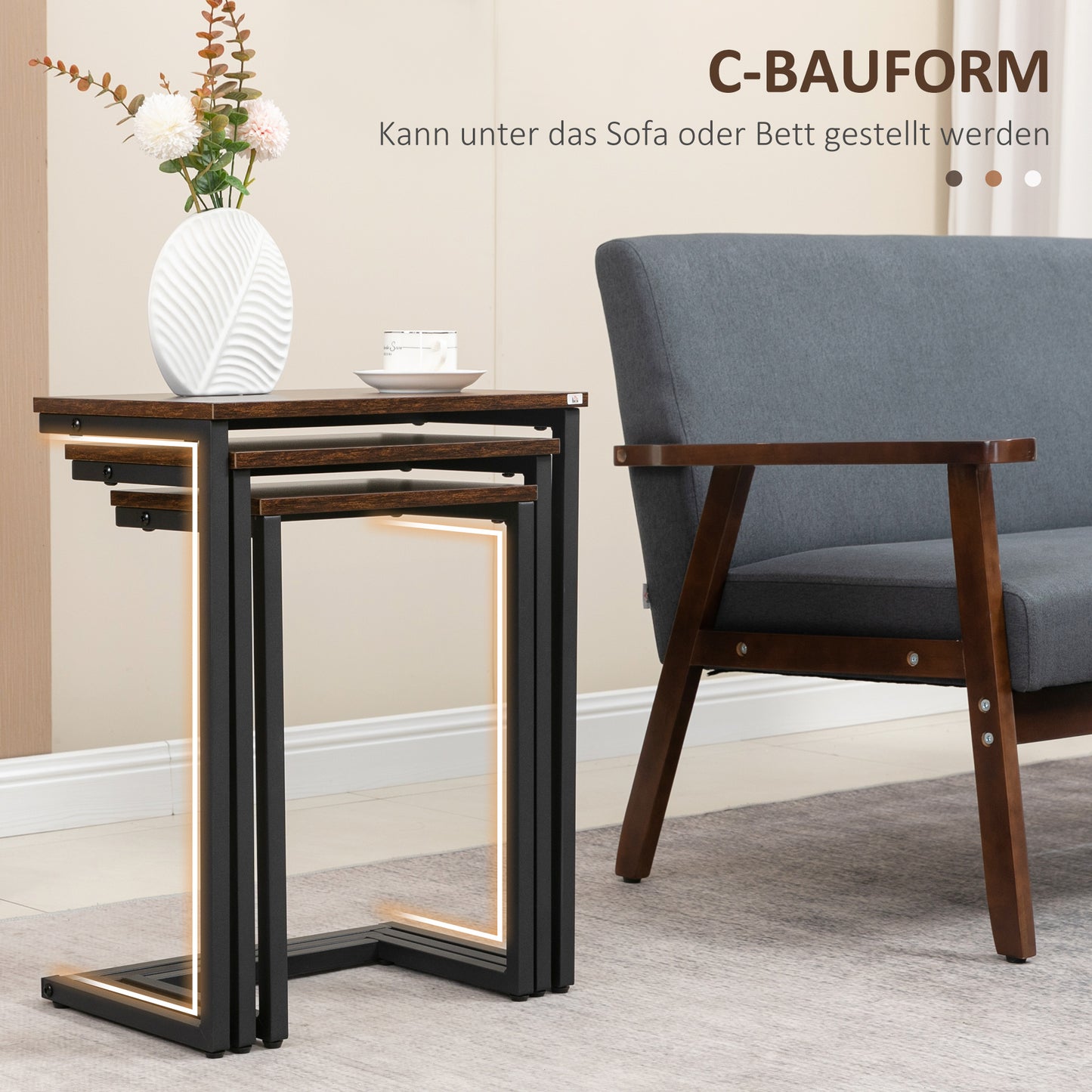 Industriële Bijzettafel – Salontafel – Nachtkastje – Tafeltje – Tafelset – 3-delige Set – Stalen Frame – Bruin Houten Blad – Nestbaar – Verstelbare Voetjes