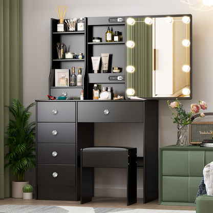 Make-up Tafel – Kaptafel – Schminktafel – Make-up Bureau – Make-up Organizer – Zwart – 6 Lades & Opbergruimte – Instelbare LED Verlichting met 3 Lichtkleuren
