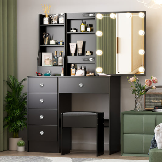 Make-up Tafel – Kaptafel – Schminktafel – Make-up Bureau – Make-up Organizer – Zwart – 6 Lades & Opbergruimte – Instelbare LED Verlichting met 3 Lichtkleuren