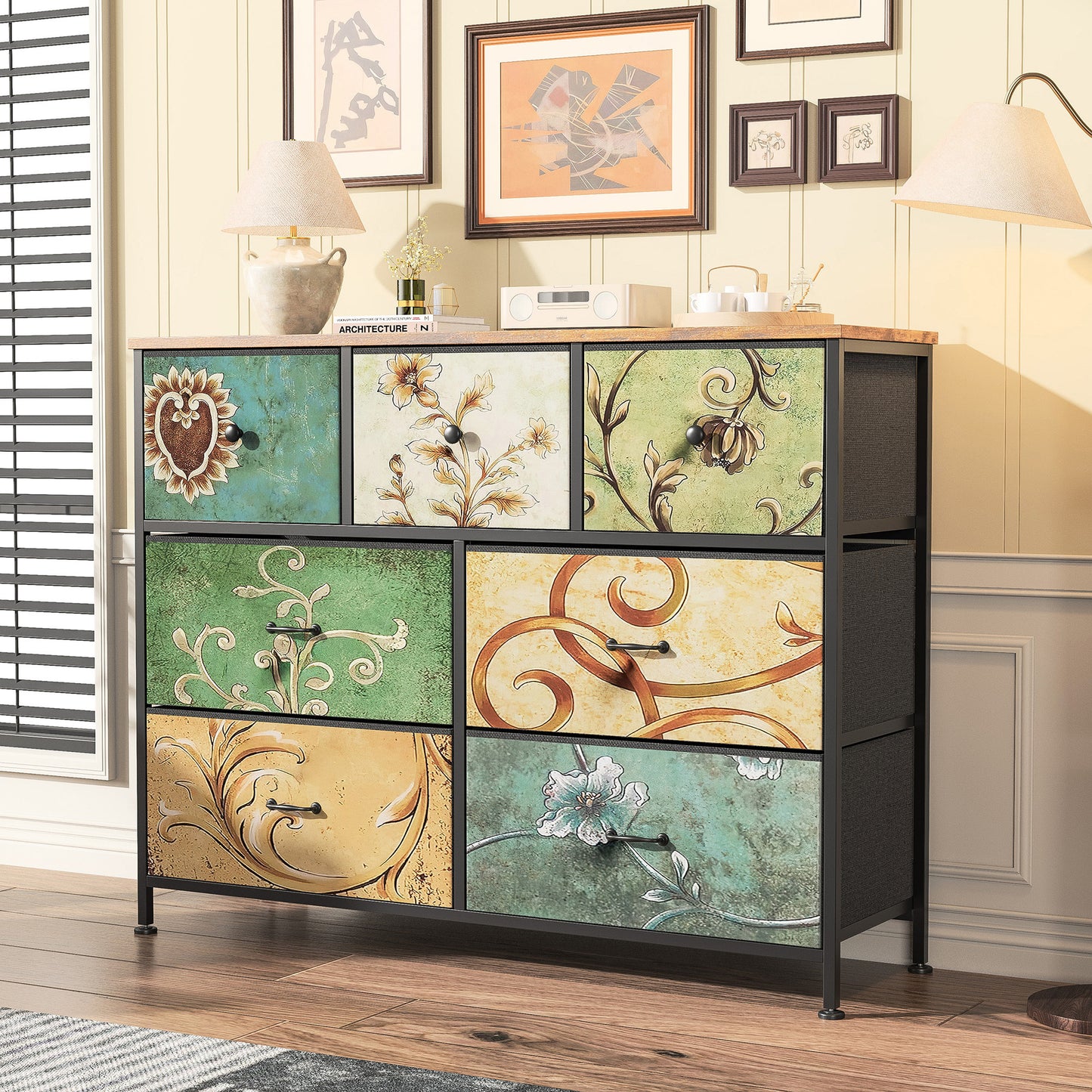 Commode – Ladekast – Dressoir – Kast – Opberger – Retro Patroon – 7 Stoffen Lades – Metaal Frame Met Houten Blad