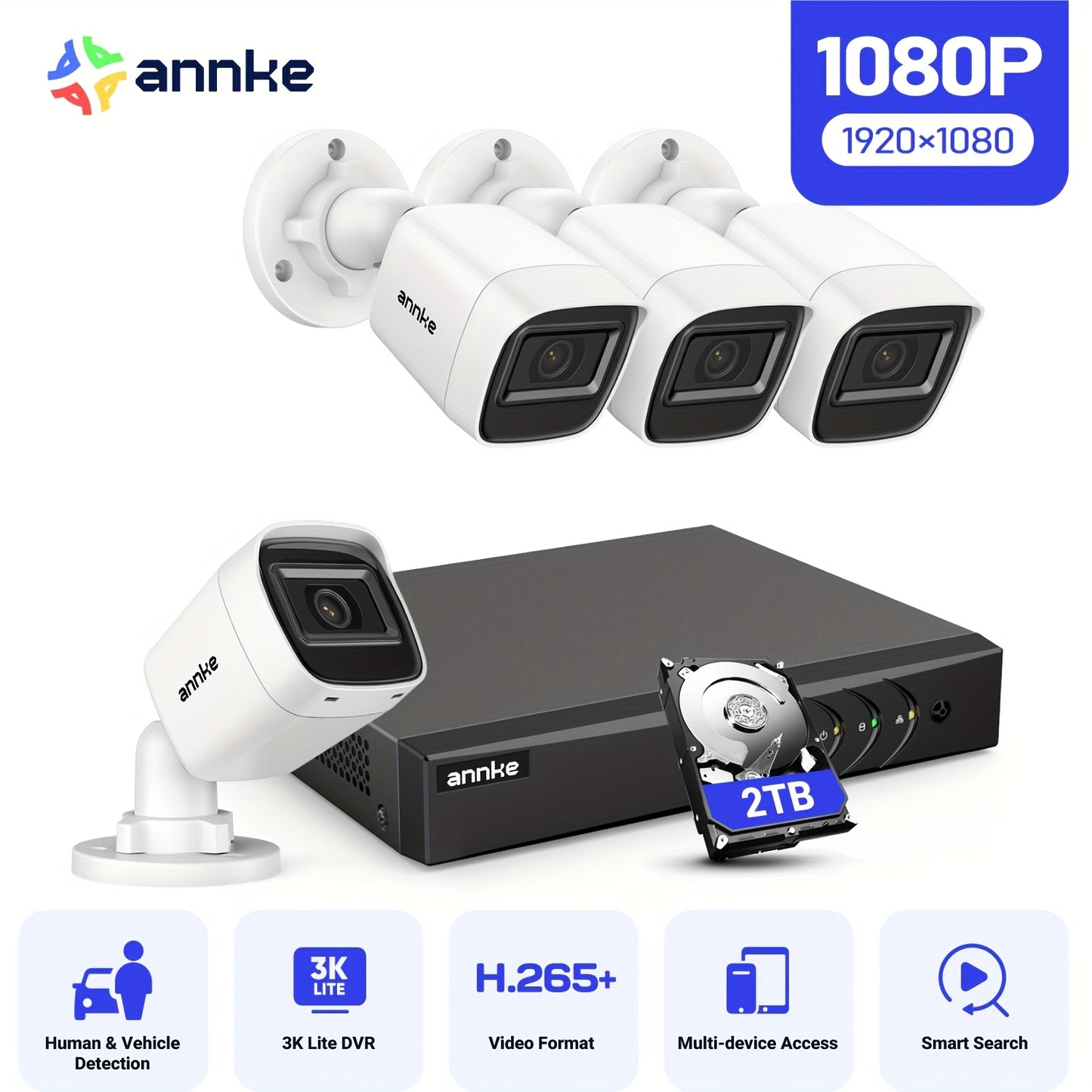 Beveiligingssysteem – CCTV Camera – Surveillance Set – Beveiligingscamera – Videobewaking – 4×1080P Turret Camera’s – Nachtzicht 30m – Mens- en Voertuigdetectie