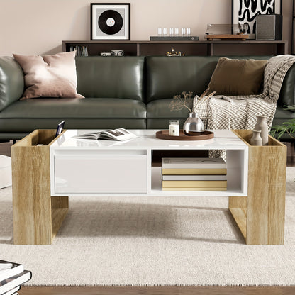 Salontafel – Koffietafel – Tafel – Woonkamertafel – Modern – Hout + Wit – Hoogglans Afwerking – 105x60x40 cm – Met Lades en Open Vakken