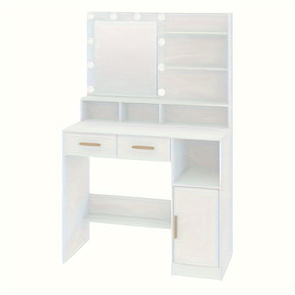 Kaptafel – Make-up Tafel – Vanity – Dressing Table – Cosmeticatafel – Met Spiegel en 10 LED Lampen – Verstelbare Helderheid – 2 Lades & 1 Kast – 3 Planken & 4 Open Vakken – Wit – MDF