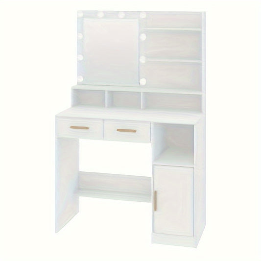 Kaptafel – Make-up Tafel – Vanity – Dressing Table – Cosmeticatafel – Met Spiegel en 10 LED Lampen – Verstelbare Helderheid – 2 Lades & 1 Kast – 3 Planken & 4 Open Vakken – Wit – MDF