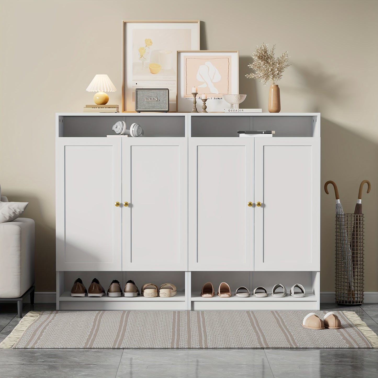 Schoenenkast – Schoenenrek – Schoenenkastje – Schoenopberger – Schoenmeubel – Modern – Wit Met Gouden Handgrepen – Verstelbare Planken – Compact Formaat 73x34x109 cm