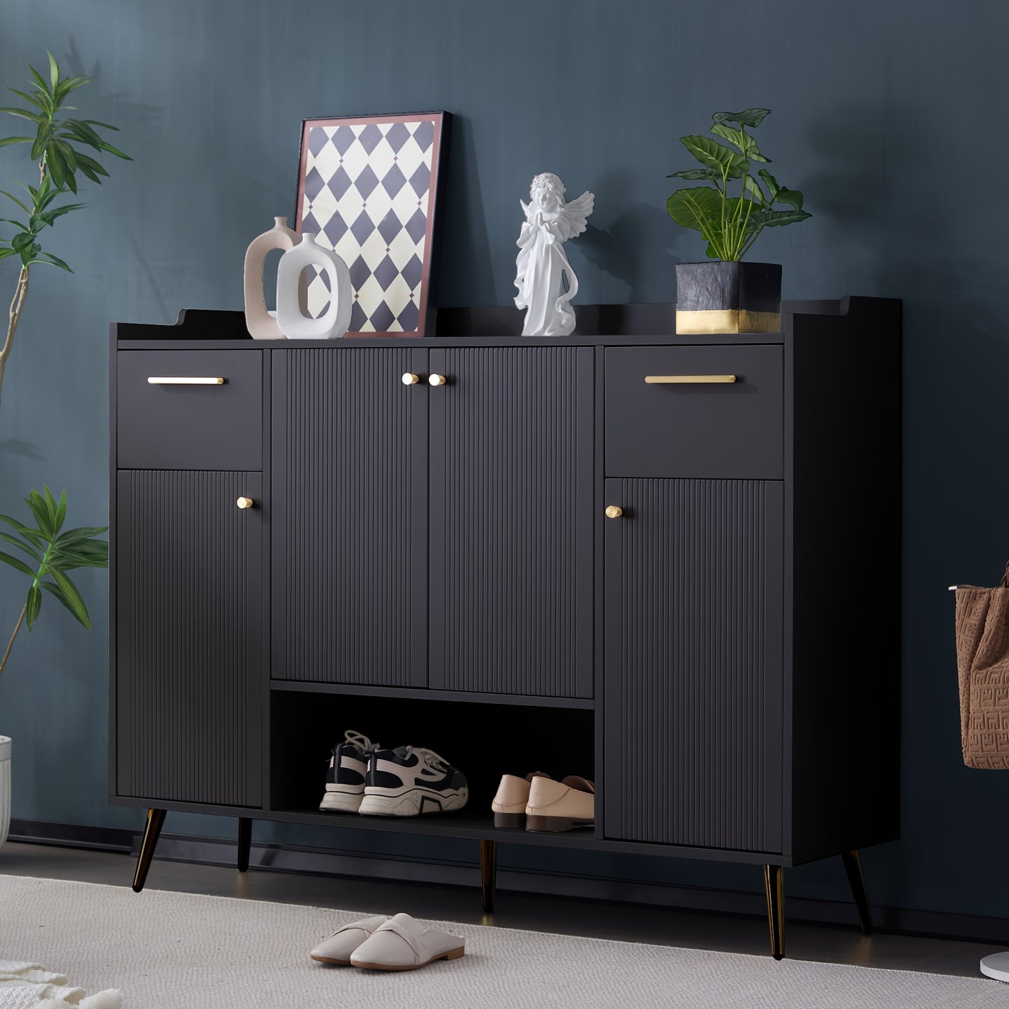 Shoe Cabinet With 2 Drawers And Shoe Rack With 4 Doors, Metal Feet, Black