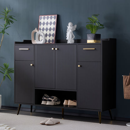 Shoe Cabinet With 2 Drawers And Shoe Rack With 4 Doors, Metal Feet, Black