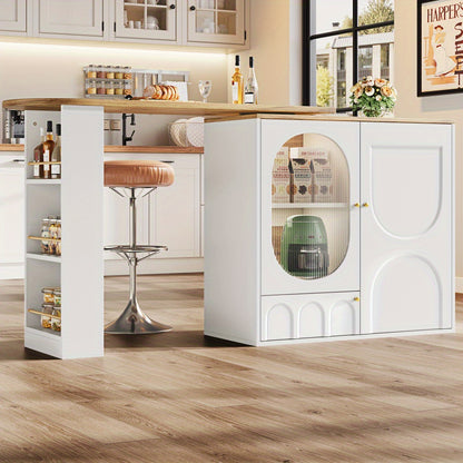 Modern White Metal 360° Rotating Bar Table with Storage - Heavy-Duty Commercial/Residential Use, 3-Door Cabinet with Removable Dividers, Space-Saving Design, Easy Assembly, 138x39x102cm, Ideal for Home Bars, Kitchens, Restau