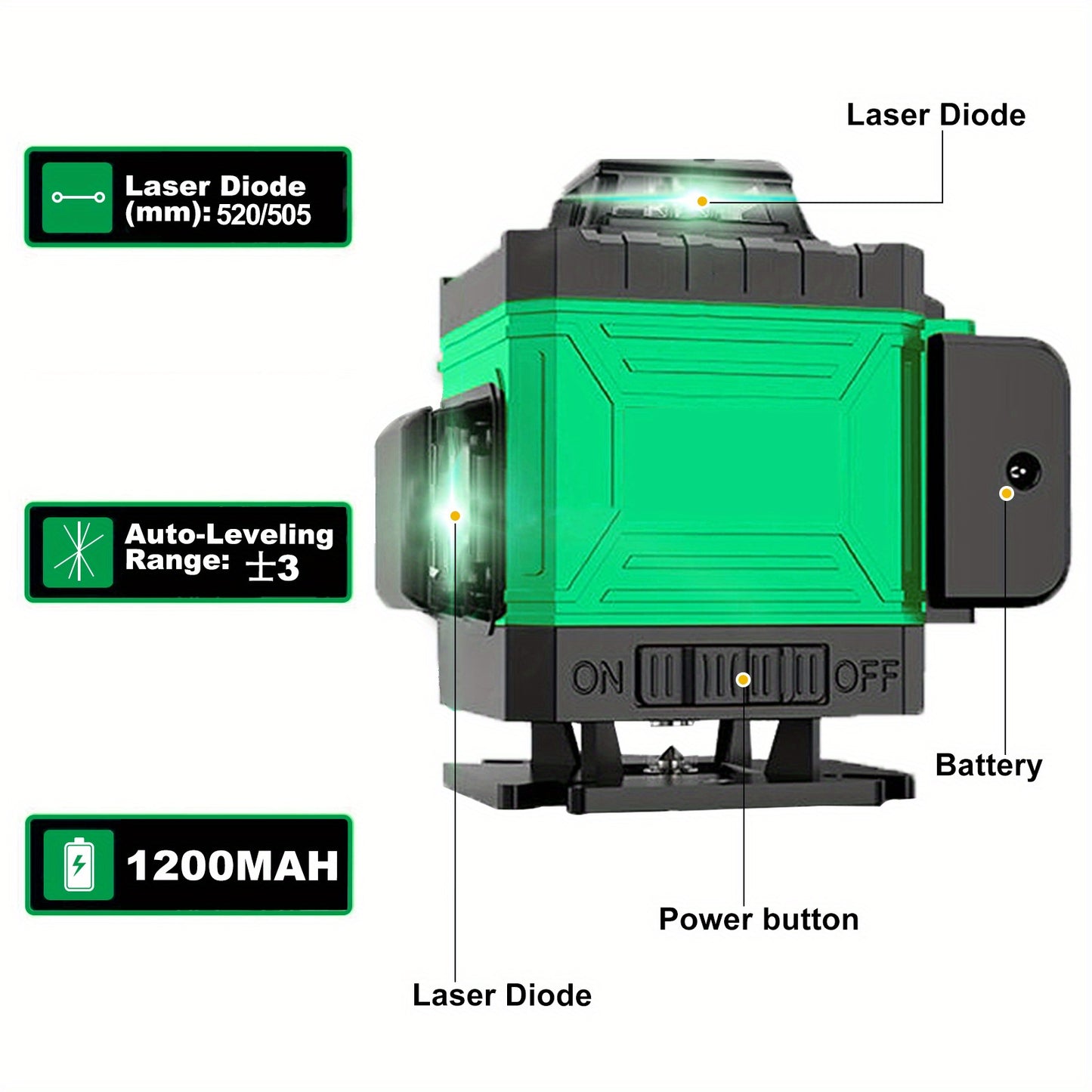 Laserwaterpas – Kruislijnlaser – Bouwlaser – Lijnlaser – Zelfnivellerende 360° Rotatie – 16 Lijnen – Oplaadbare Lithiumbatterij – Metalen Basis