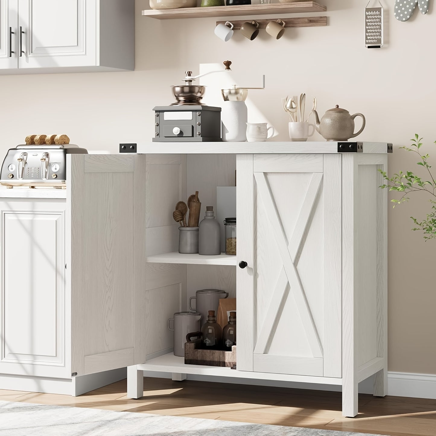 Buffetkast – Dressoir – Kast – Sideboard – Kast met Opbergruimte – Wit Vintage Design – Stevige MDF Constructie – Verstelbare Plank