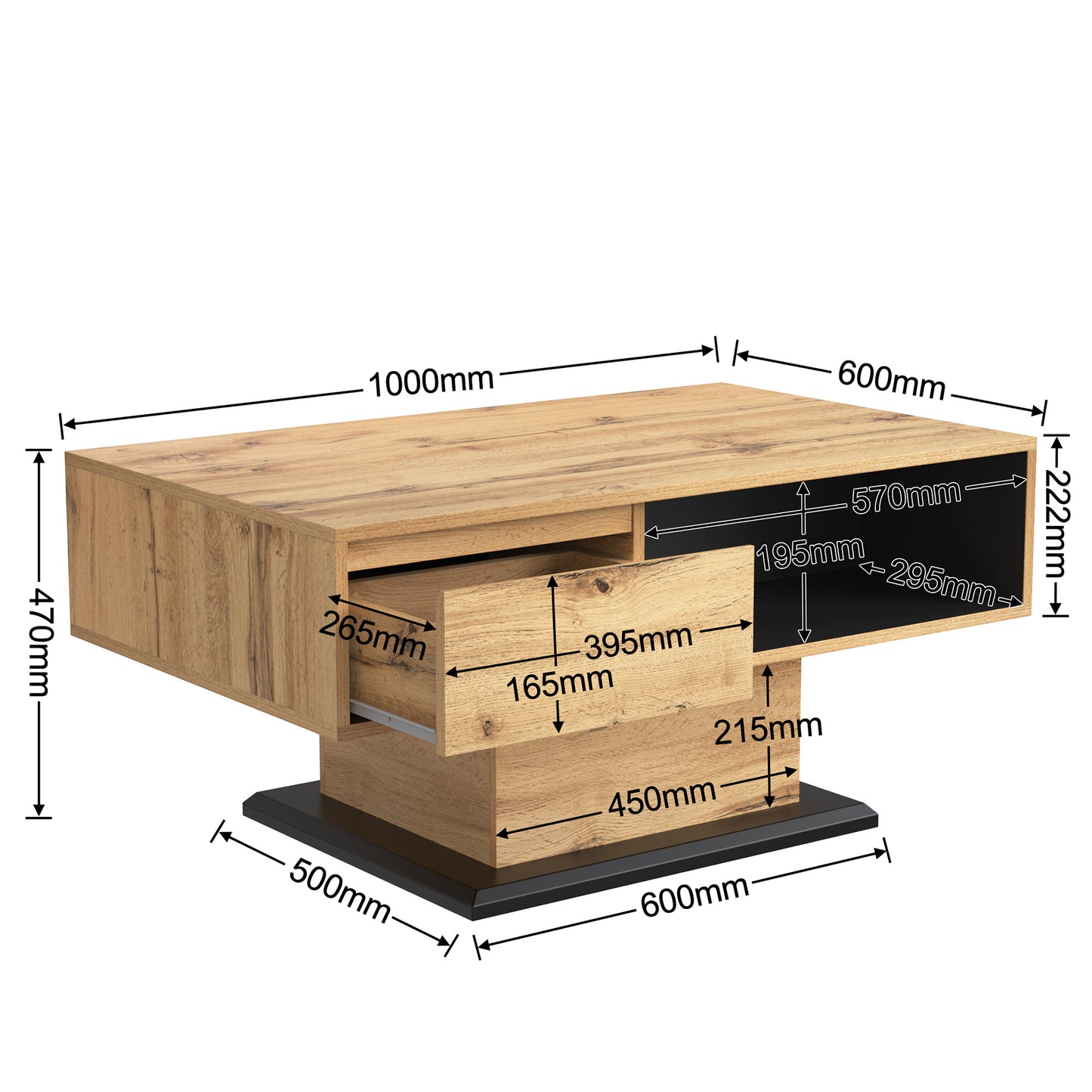 Salontafel – Woonkamertafel – Sofa Tafel – Bijzettafel – Opbergtafel – Eikenlook Melamine – Dubbelzijdige Opbergruimte & Handvatloze Lade – 100x60x47 cm
