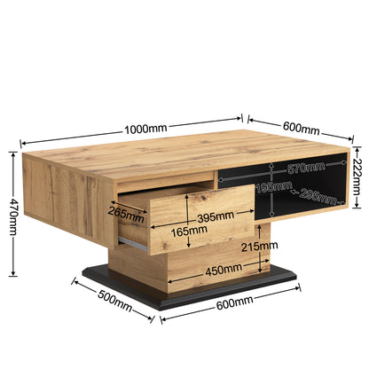Salontafel – Woonkamertafel – Sofa Tafel – Bijzettafel – Opbergtafel – Eikenlook Melamine – Dubbelzijdige Opbergruimte & Handvatloze Lade – 100x60x47 cm