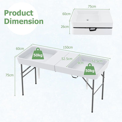 Koeltafel – Campingtafel – Picknicktafel – Vouwtafel – Tuinbar – Dubbele Waskommen – Inklapbaar – Stevig HDPE Metalen Frame – 150 cm – Maximaal 100 kg Draagvermogen