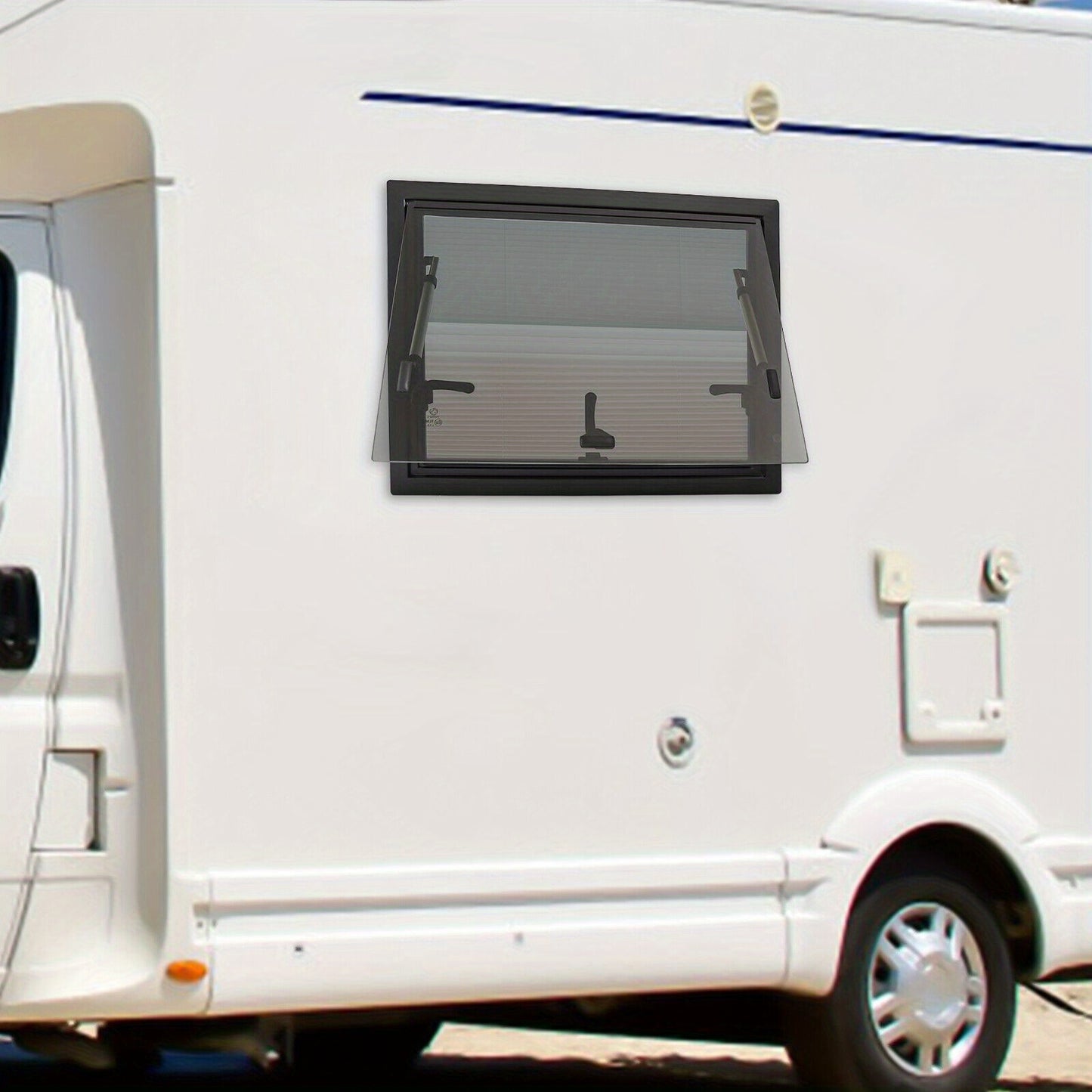 Zijraam Camper – Caravan Raam – Klapraam – Opendraairamen – Campingraam – Getemperd Glas – Aluminium Frame – 65° Openingshoek – Insectengaas Inclusief – Zwart