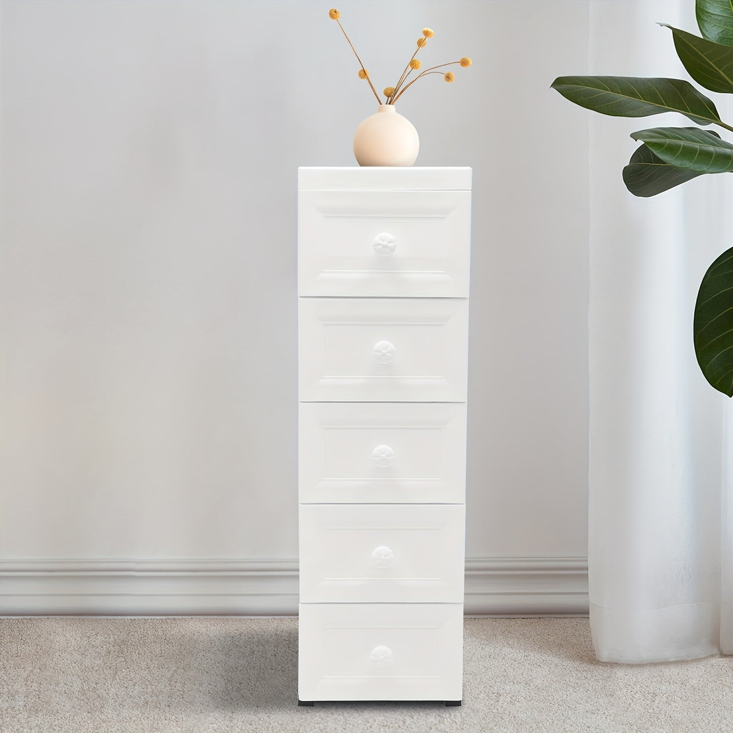 Ladenkast – Ladekast – Kommode – Opbergkast – Dressoir – Modern – 5 Lades – Wieltjes – Wit – Kunststof – Compact 25x34x82 cm