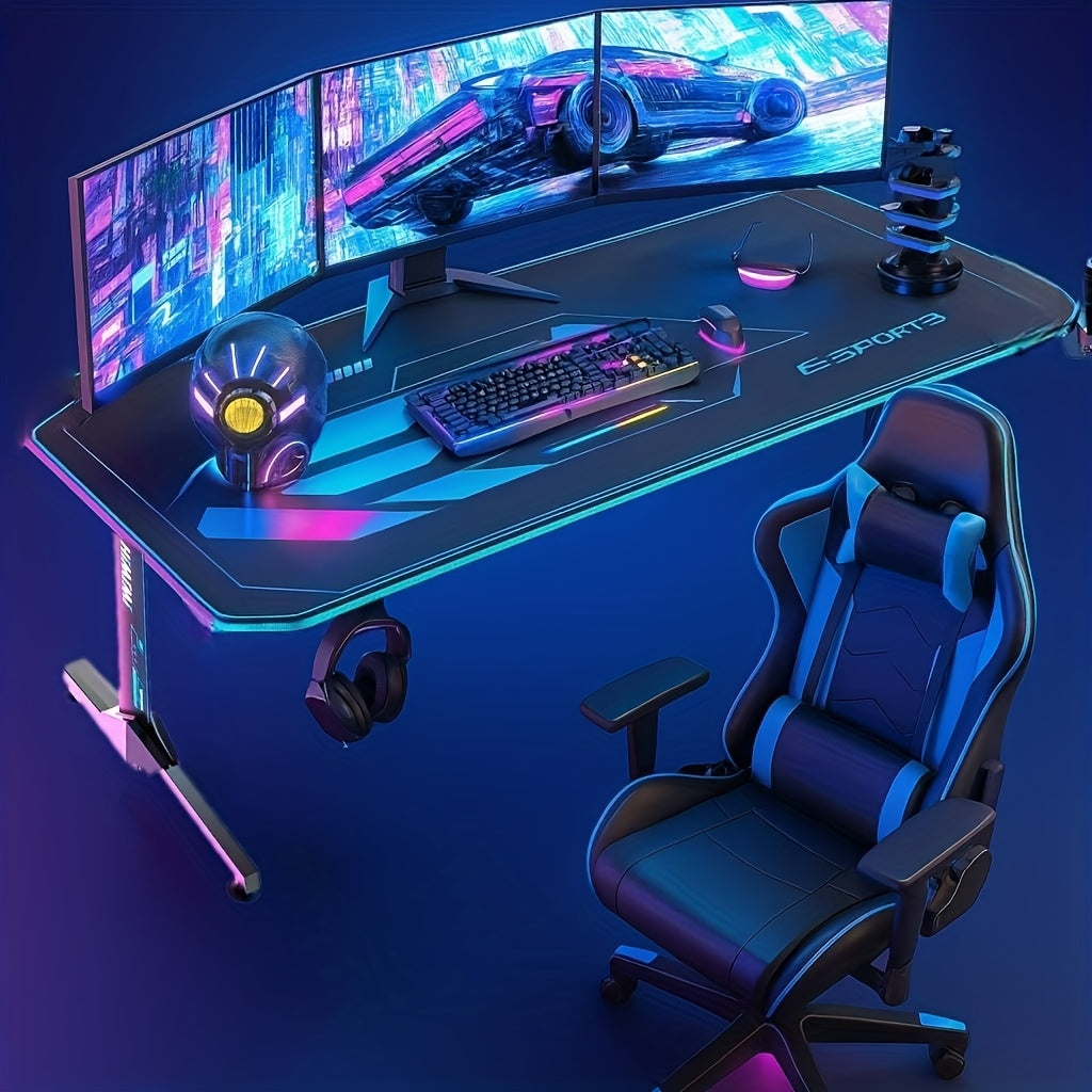 Gaming Bureau – Game Bureau – Gaming Desk – Computerbureau – Werkplek – Ergonomisch Design – Volledig Carbon Fiber Muismatoppervlak – Bekerhouder en Headset Haak – Zwart Met Blauwe Accenten – 160x75x75 cm