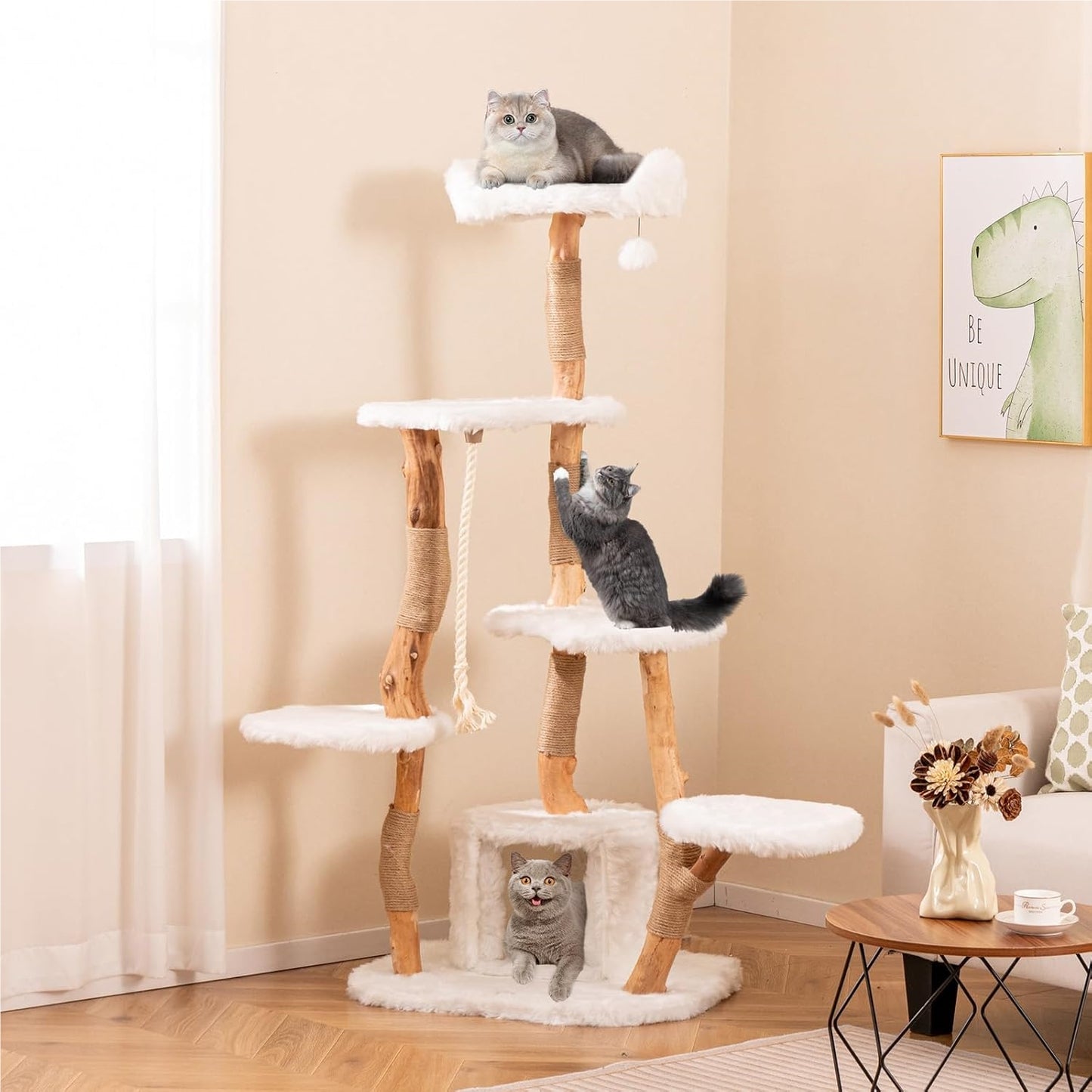 Houten Kattentoren – Krabpaal – Kattenboom – Speeltoren – Katmeubel – Massief Perenhout – Jute Krabpalen – Luxe Pluche Bekleding – 168 cm Hoog