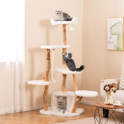 Houten Kattentoren – Krabpaal – Kattenboom – Speeltoren – Katmeubel – Massief Perenhout – Jute Krabpalen – Luxe Pluche Bekleding – 168 cm Hoog