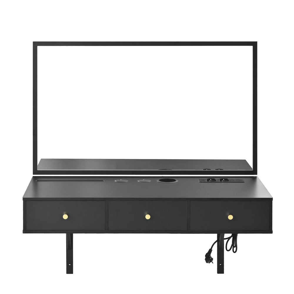 Hanging dressing table with mirror, with 3 drawers, flat card slot, cup holder; black, dimensions 100 x 105 x 45cm (W x H x D), Compact Dressing Station, Minimalist Decor, Contemporary Furniture, Metal Frame, Hanging Mirror,