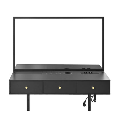 Hanging dressing table with mirror, with 3 drawers, flat card slot, cup holder; black, dimensions 100 x 105 x 45cm (W x H x D), Compact Dressing Station, Minimalist Decor, Contemporary Furniture, Metal Frame, Hanging Mirror,