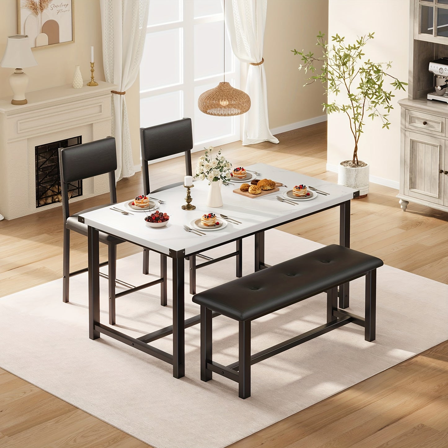Eettafelset – Eetkamerset – Keukentafelset – Zitgroep – Meubelset – Rechthoekig Houten Tafelblad – 4 Personen Met Bank En Gestoffeerde Stoelen – Wit Marmerlook – Compact Voor Kleine Ruimtes