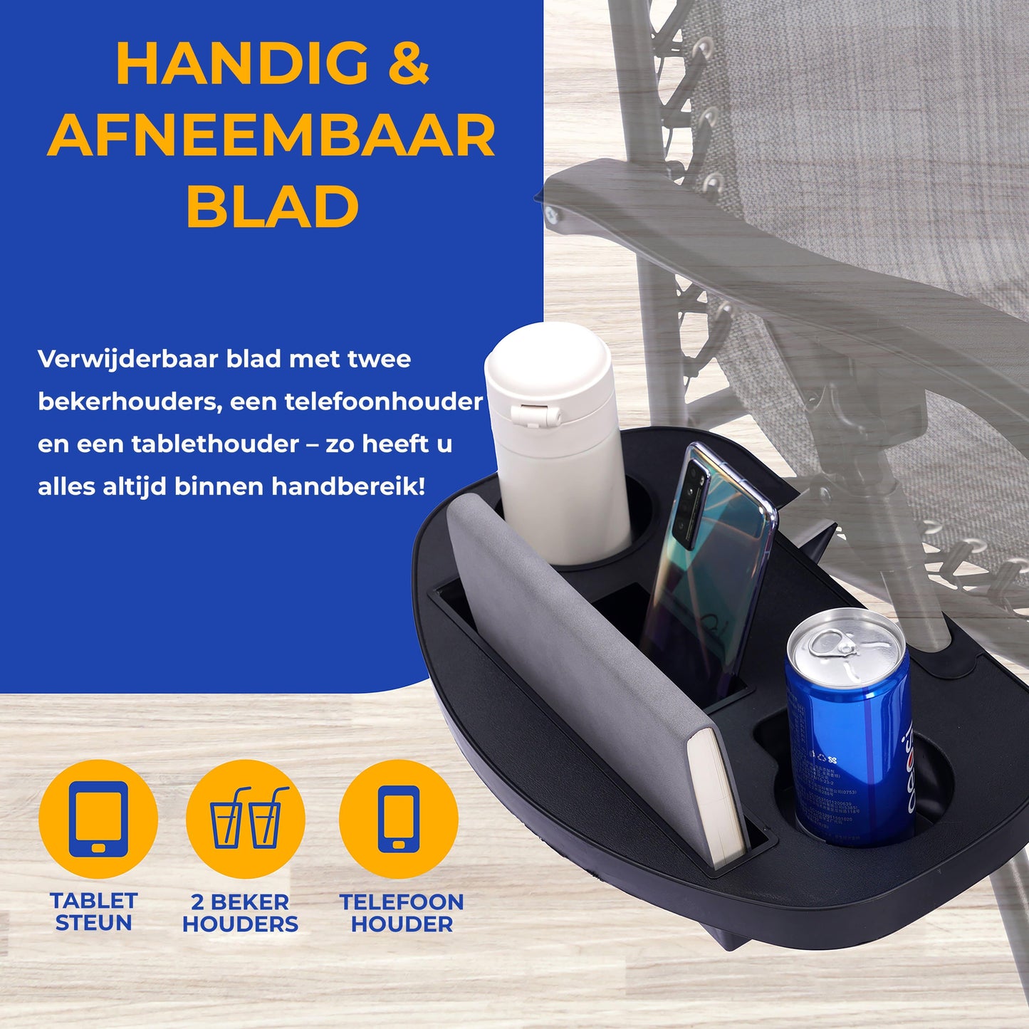 Loungestoel – Tuinstoel – Relaxstoel – Ligstoel – Fauteuil – Verstelbaar Zero Gravity – Weerbestendig Stalen Frame – Inclusief Afneembaar Tafeltje en Bekerhouders – Grijs