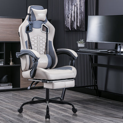 Gamingstoel – Gamestoel – Gaming Chair – Game Stoel – Bureaustoel – Ergonomisch Ontwerp – Verstelbare Voetensteun & Hoofdsteun – Beige Met Lendensteun