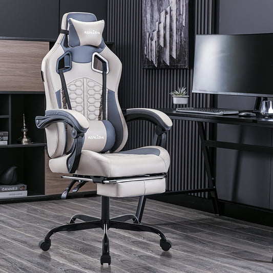 Gamingstoel – Gamestoel – Gaming Chair – Game Stoel – Bureaustoel – Ergonomisch Ontwerp – Verstelbare Voetensteun & Hoofdsteun – Beige Met Lendensteun