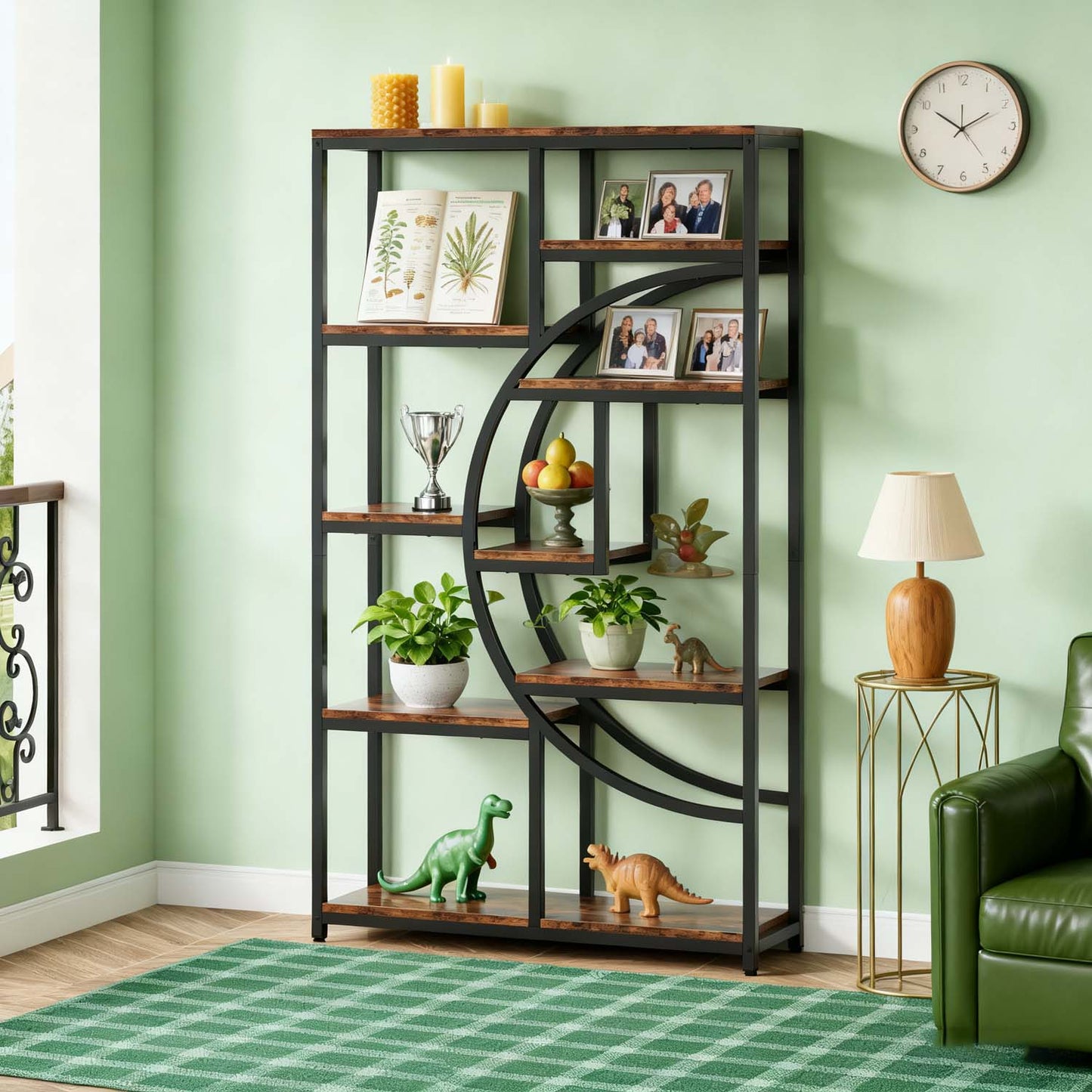 Tall 5-Tier Industrial Bookcase with 9-Shelf Open Storage - Rustic Modern Freestanding Shelving Unit Suitable for Living Room, Bedroom, Christmas Decor - Wood & Metal Frame, Assembly, Space-Saving Vertical Organizer