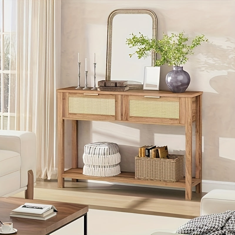 Haltafel – Sidetable – Console Tafel – Sofa Tafel – Rattan Bijzettafel – Boho Design – 2 Laden – Caramel Eikenhout