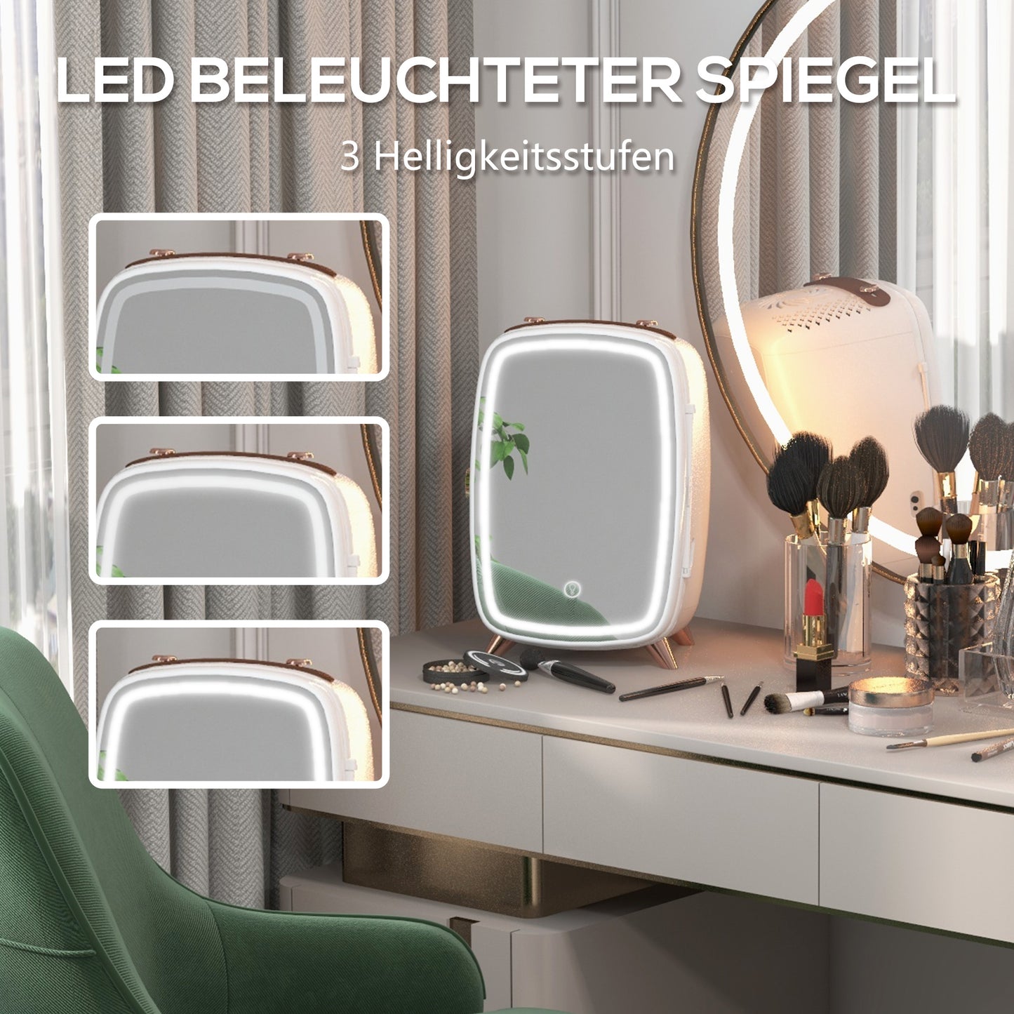 Mini Koelkast – Cosmetica Koelkast – Mini Bar – Koelkastje – Draagbare Koelkast – 6L Inhoud – Verlichte Make-up Spiegel – Stil Geluid – Wit