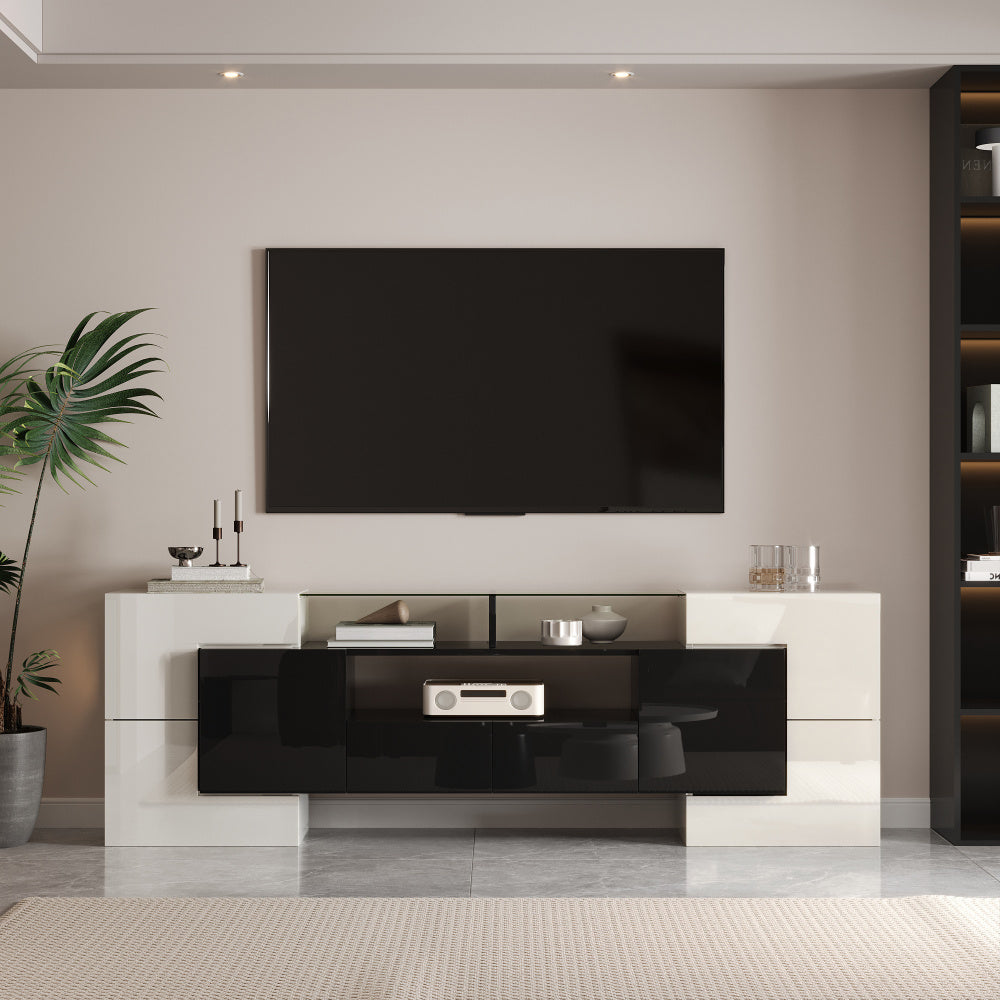 Modern TV-meubel – TV-kast – Mediameubel – Entertainmentmeubel – Zitmeubel – Laag en Ruimtebesparend Ontwerp – Glanzend Zwart-Wit Met 4 Deuren & 2 Lades