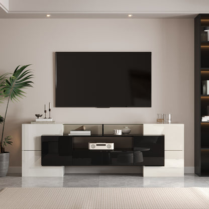 Modern TV-meubel – TV-kast – Mediameubel – Entertainmentmeubel – Zitmeubel – Laag en Ruimtebesparend Ontwerp – Glanzend Zwart-Wit Met 4 Deuren & 2 Lades